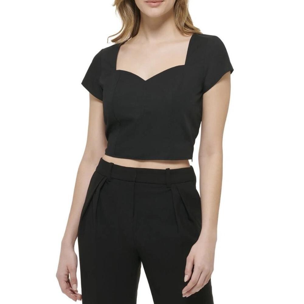 Calvin Klein Womens Black Pullover Cap Sleeve Cropped Top‎ L